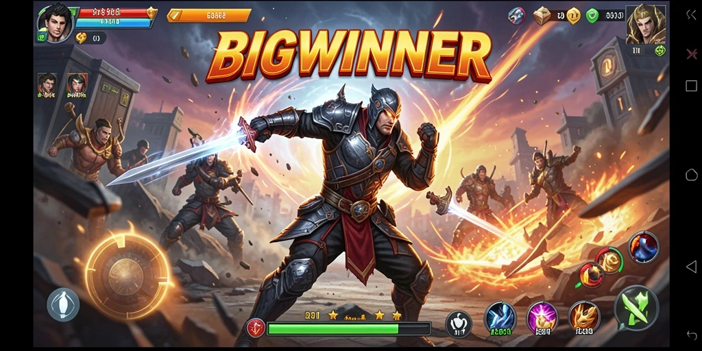 Screenshot gameplay BIGWINNER menampilkan aksi pertempuran yang intens dan grafis menakjubkan.