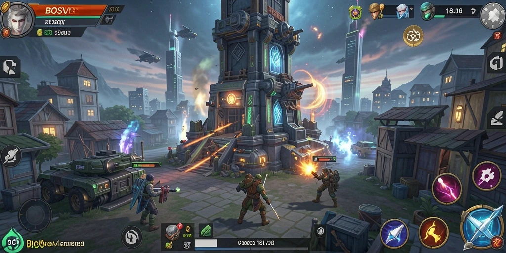 Tampilan gameplay <strong>BOSVIP88</strong> yang penuh aksi dalam pertahanan menara.