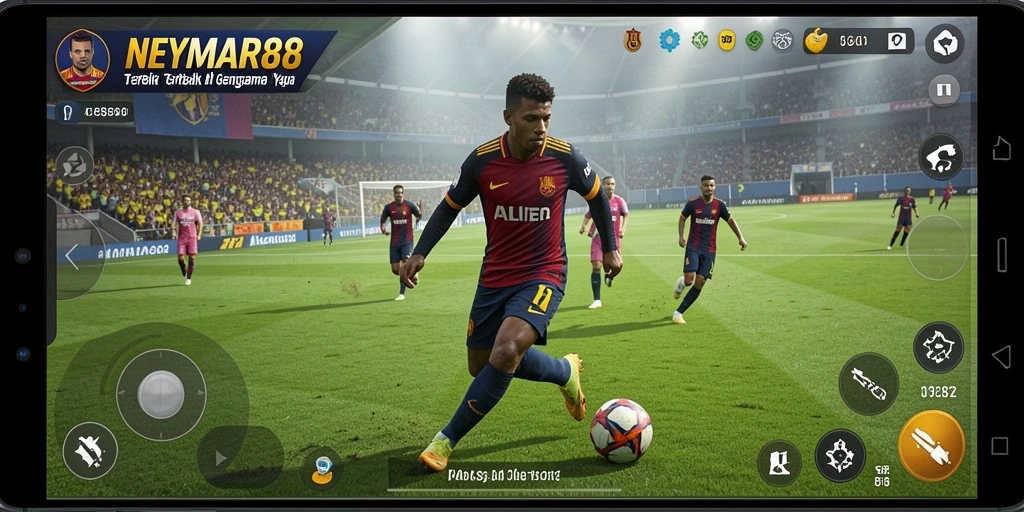 Screenshot gameplay NEYMAR88 yang menampilkan aksi sepak bola yang mendebarkan.
