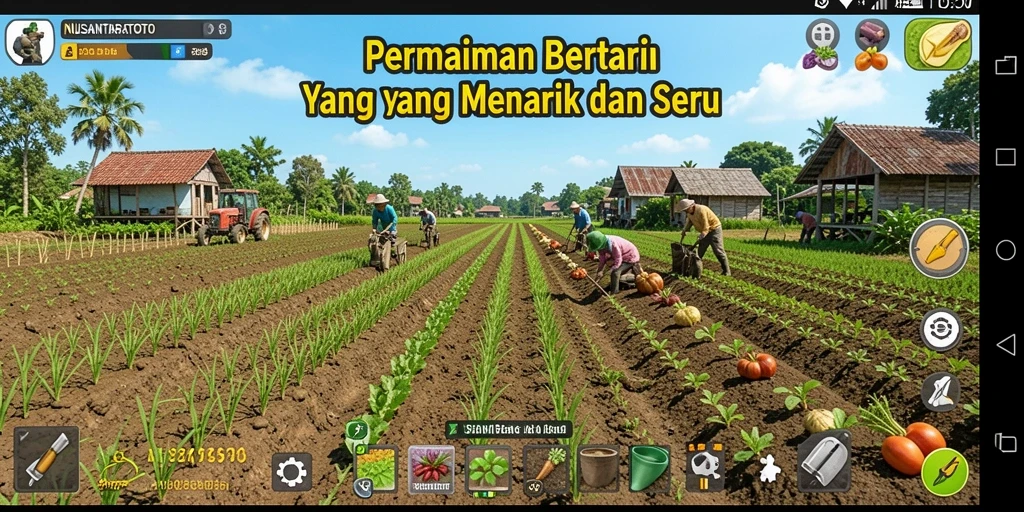 Tampilan gameplay NUSANTARATOTO yang menggambarkan aktivitas bertani.