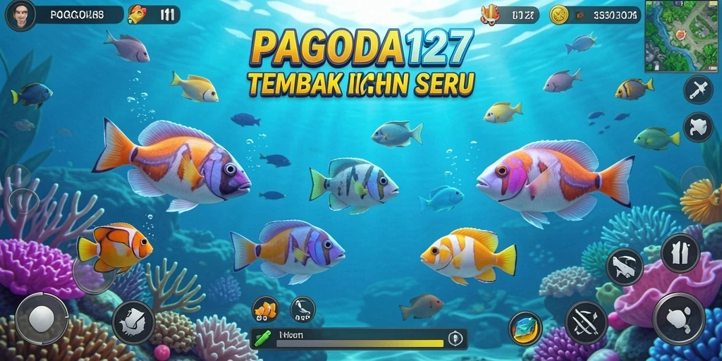 Tampilan gameplay seru menembak ikan di laut yang berwarna-warni.