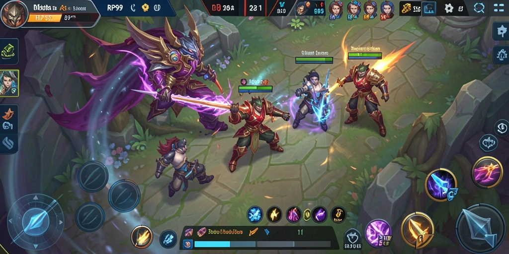 Screenshot menampilkan karakter bertarung dalam pertempuran MOBA yang seru.