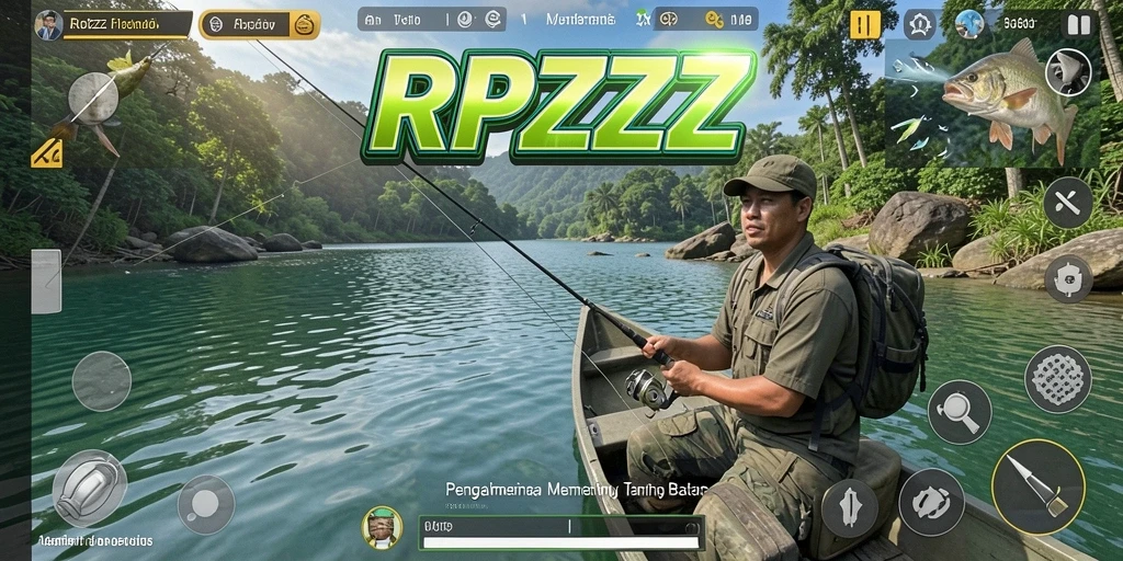 Screenshot gameplay RPZZZ menunjukkan suasana memancing yang menenangkan.
